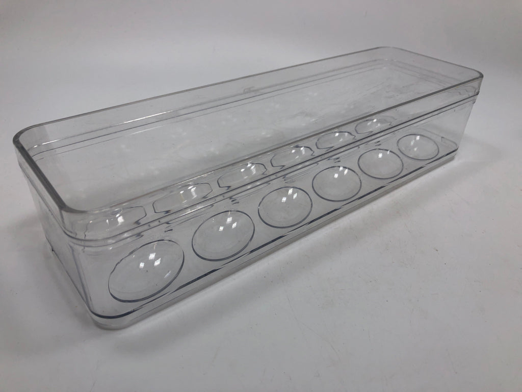 CLEAR PLASTIC EGG STORAGE BIN.