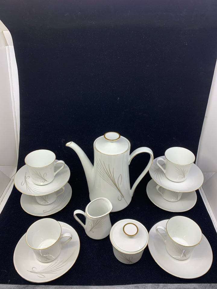 VTG WHITE TEA SET: TEAPOT, 6 CUPS/SAUCES, CREAMER + SUGAR-ESCHENBACH.