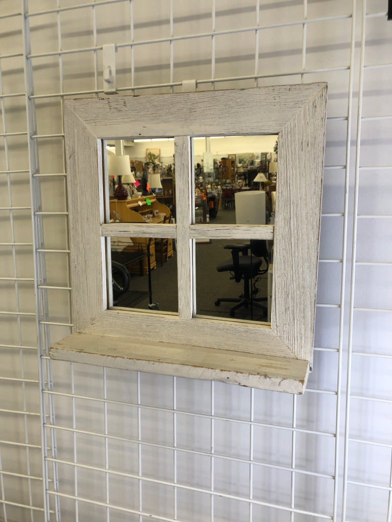 DISTRESSED WHITE WOOD WINDOW MIRROR W/SHELF.