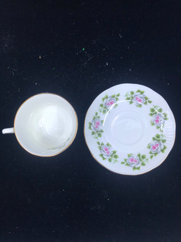 VTG WHITE AND PINK ROSE TEA CUP AND SAUCER.