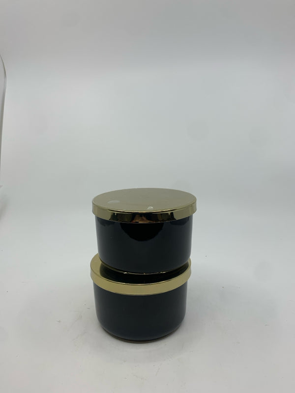 2 Z GALLERIE BLACK W/ GOLD LID STORAGE JARS.