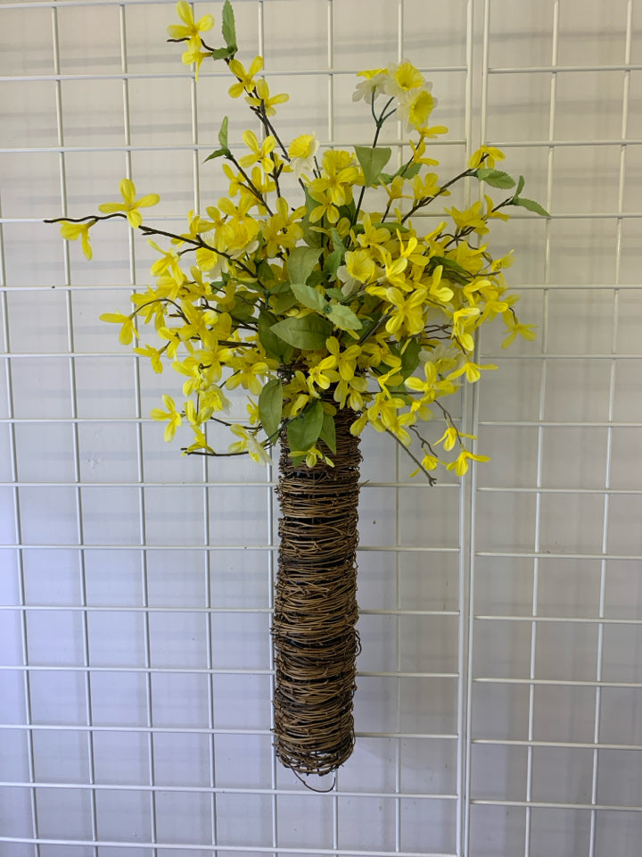 TWINGE WRAPPED VASE W FAUX YELLOW FLORAL WALL HANGING.