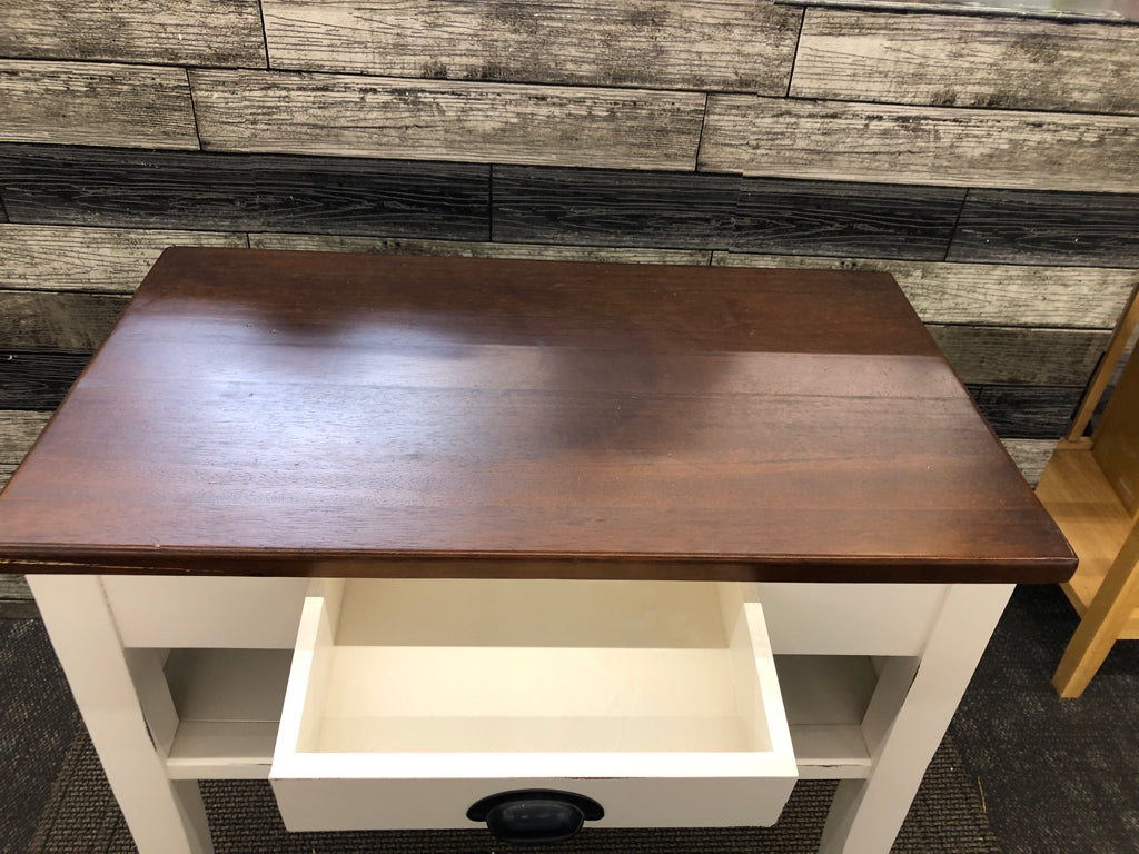 WHITE W DARK WOOD TOP SIDE TABLE W 1 DRAWER AND STORAGE.