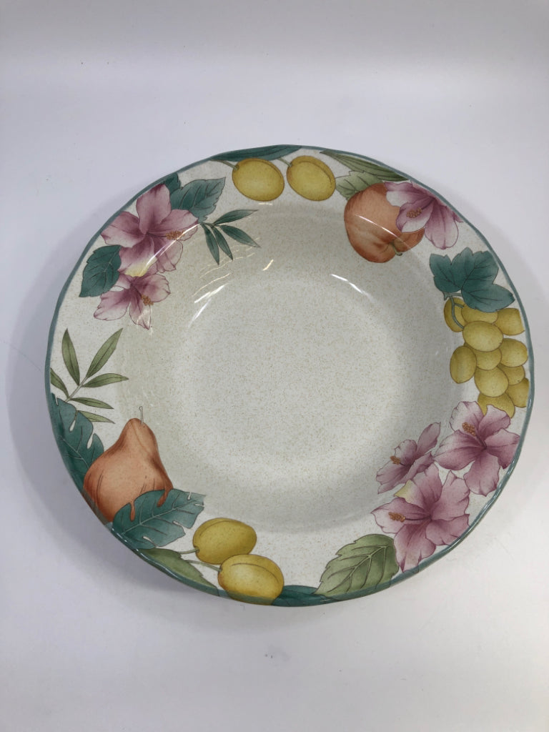 SERVING BOWL W/FRUITAGE PRINT TEAL RIM.