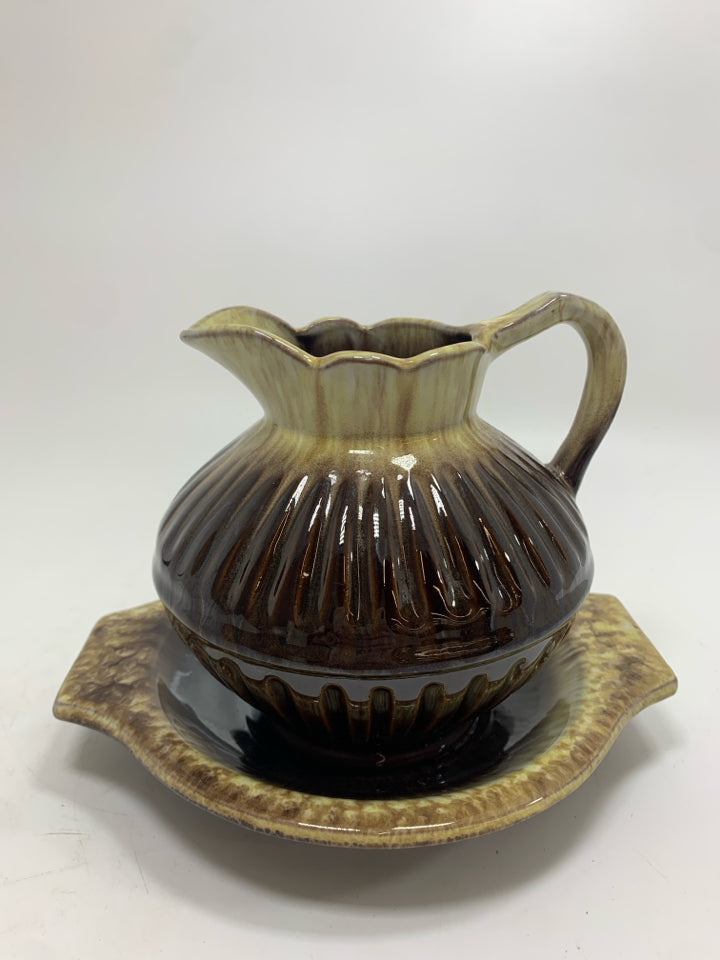 BROWN DRIP GLAZE CREAMER W/UNDER PLATE.