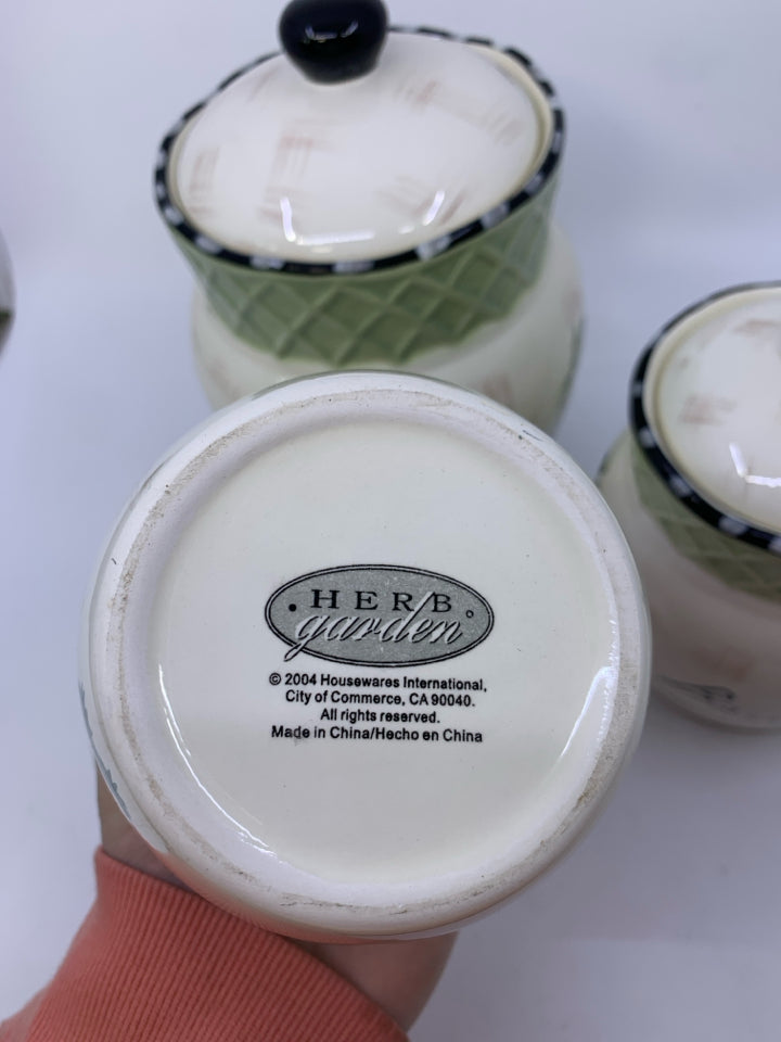 3 SPICE THEMED DISTRESSED WHITE W/ GREEN BAND CANISTER SET.