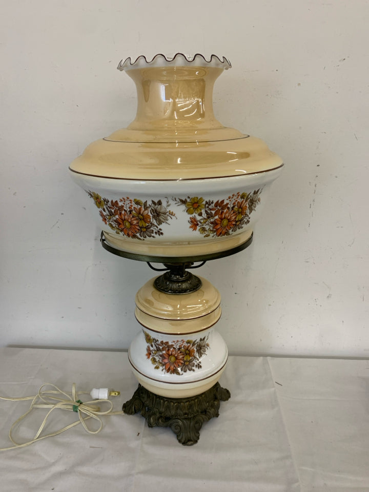 VTG ORANGE IRIDESCENT FLORAL HURRICANE PARLOR LAMP.