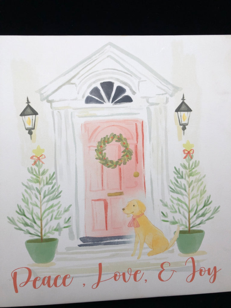FRONT DOOR CANVAS W/ DOG "PEACE, LOVE, JOY" WALL ART.