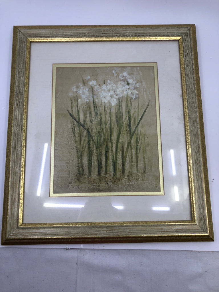 WHITE DAISY AND GRASS IN GOLD FRAME.