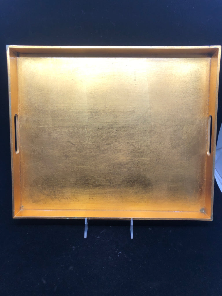 SQUARE GOLD TRAY W HANDLES.