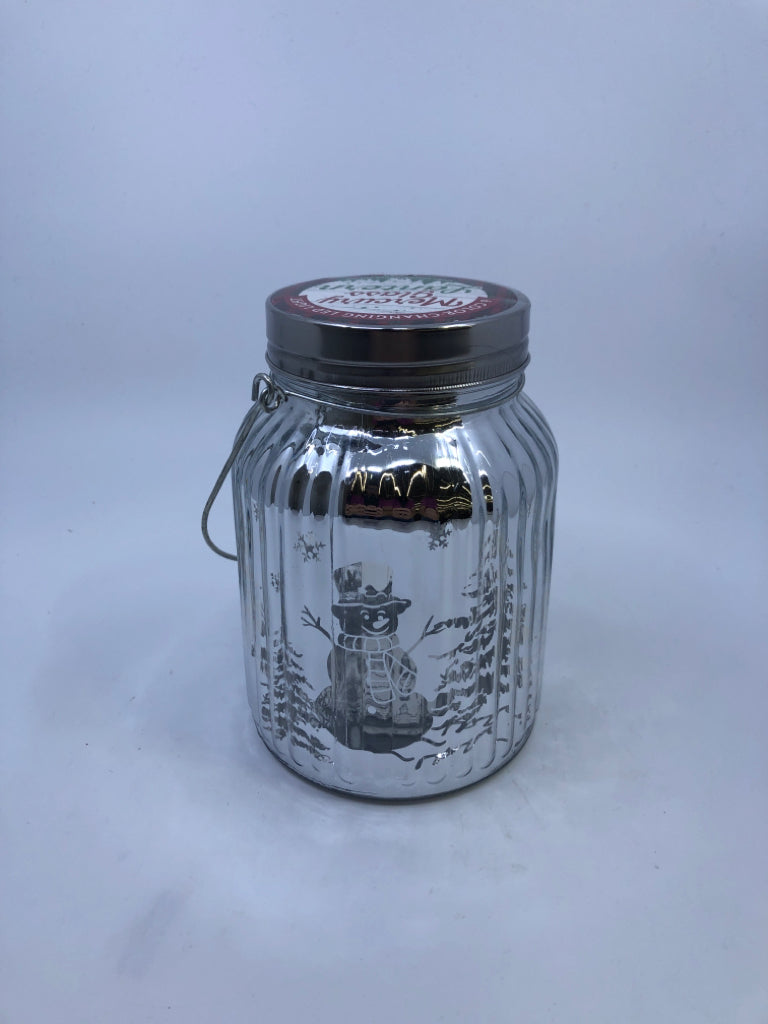COLOR CHANGING MERCURY GLASS SNOWMAN LANTERN.