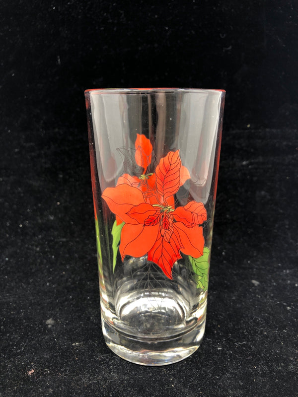 4 RED FLORAL POINSETTIA WATER GLASSES.