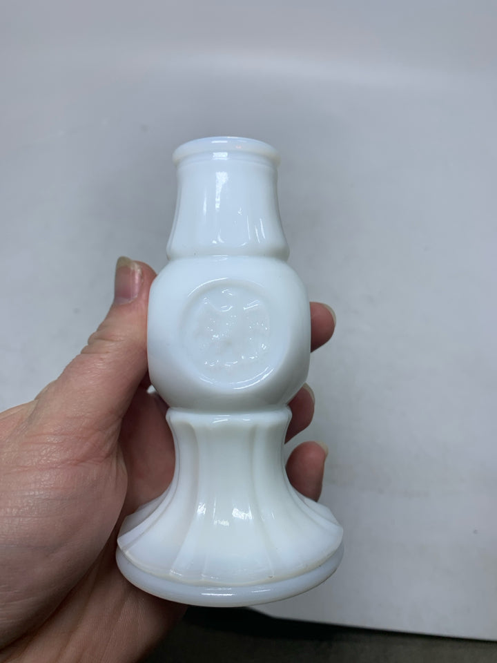 SMALL MILK GLASS BUD VASE W/ EAGLE COIN.