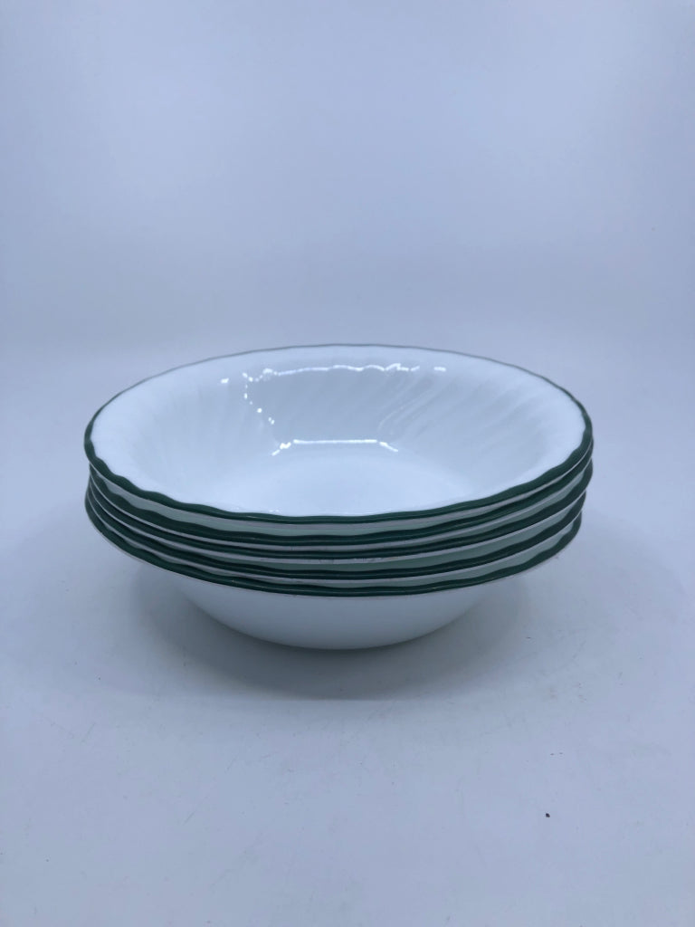 5 WHITE W GREEN RIM CORELLE BOWLS.