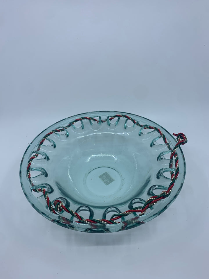 THICK PIERCED GLASS BOWL W GREEN RED GOLD RIBBON WOVEN IN.