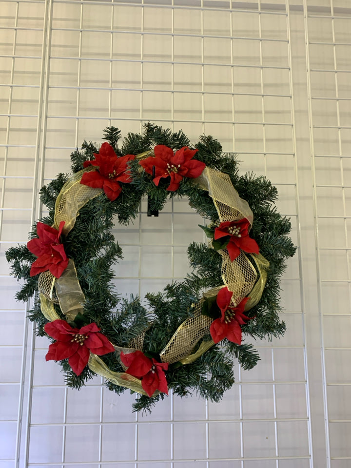 RED AND GOLD POINTSETTA WREATH.