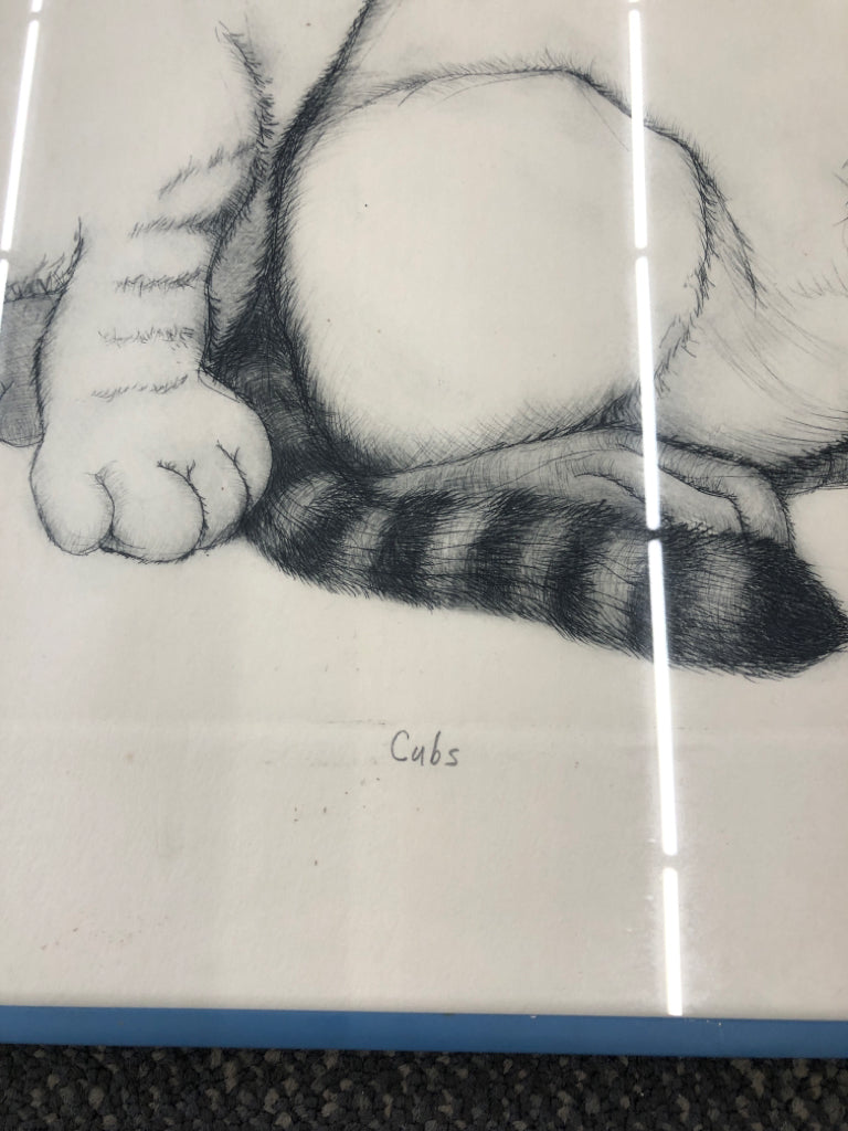 CUBS CAT SKETCH IN BLUE FRAME WALL ART.