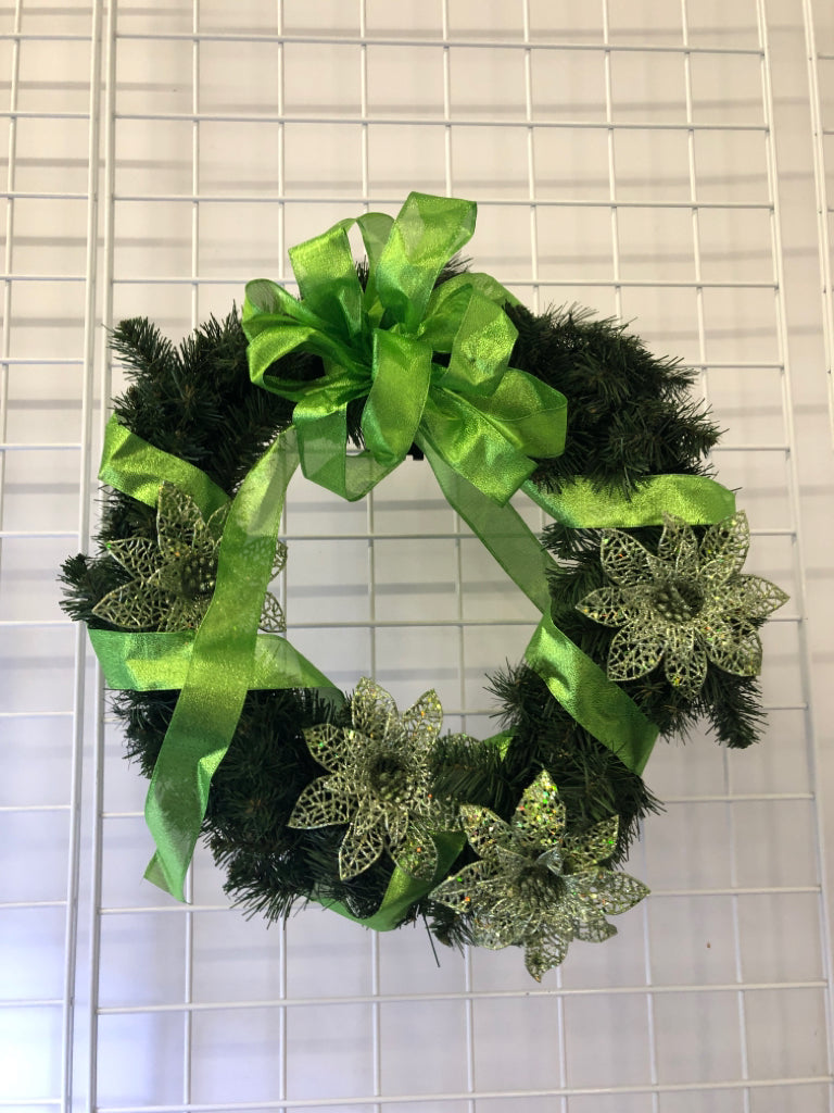 FAUX WREATH W BRIGHT GREEN BOW.