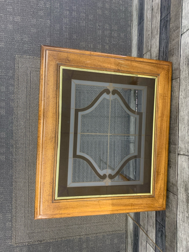 VTG WOOD SIDE TABLE W GLASS INSERT.