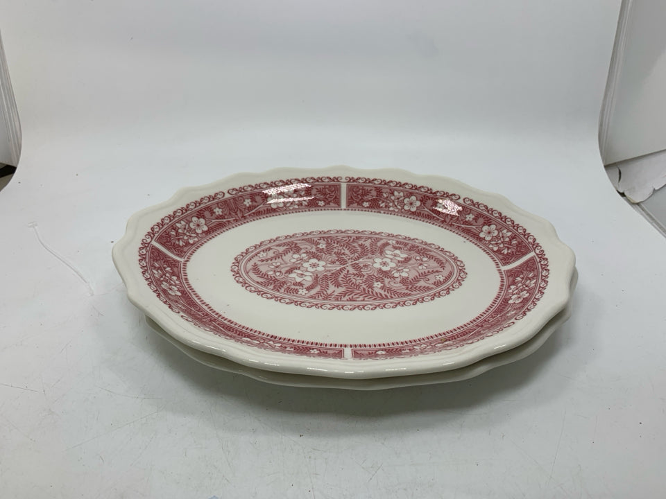 2 VTG OVAL RED DETAILED SERVING PLATTERS.