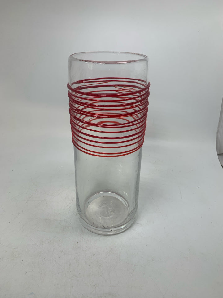 BLOWN GLASS CYLINDER VASE W/ EMBOSSED RED LINES.