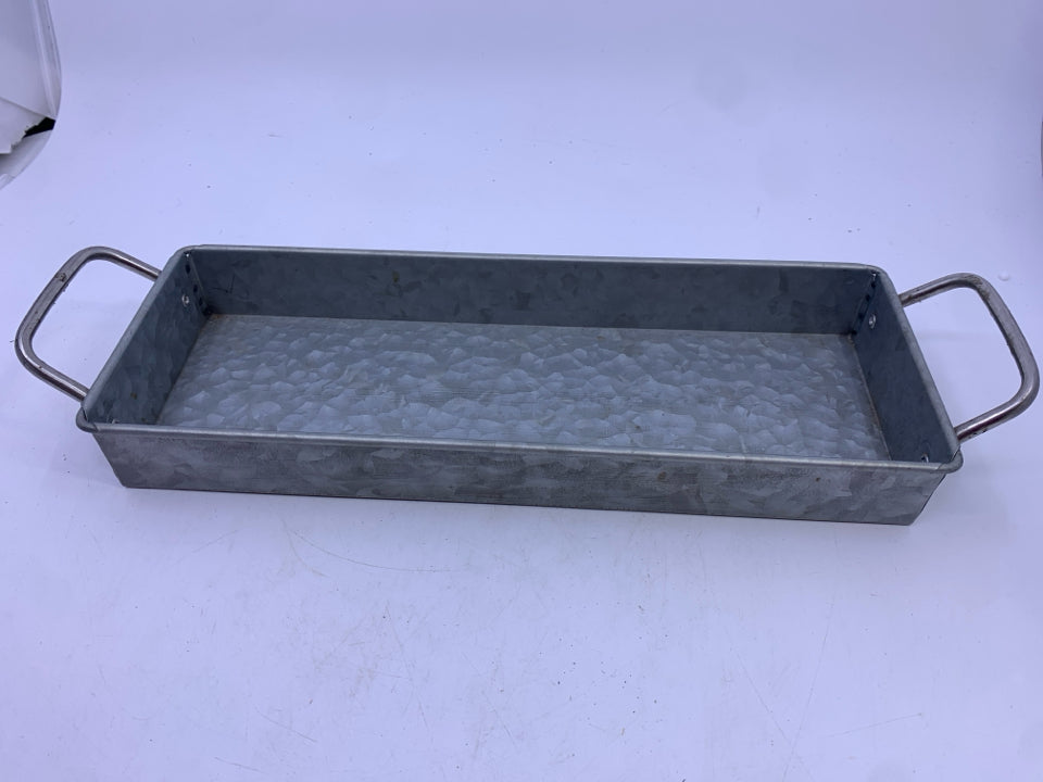 SKINNY GALVANIZED METAL TRAY W HANDLES.