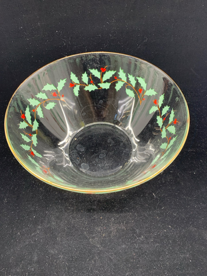 HOLLY & BERRIES GLASS SERVING BOWL.