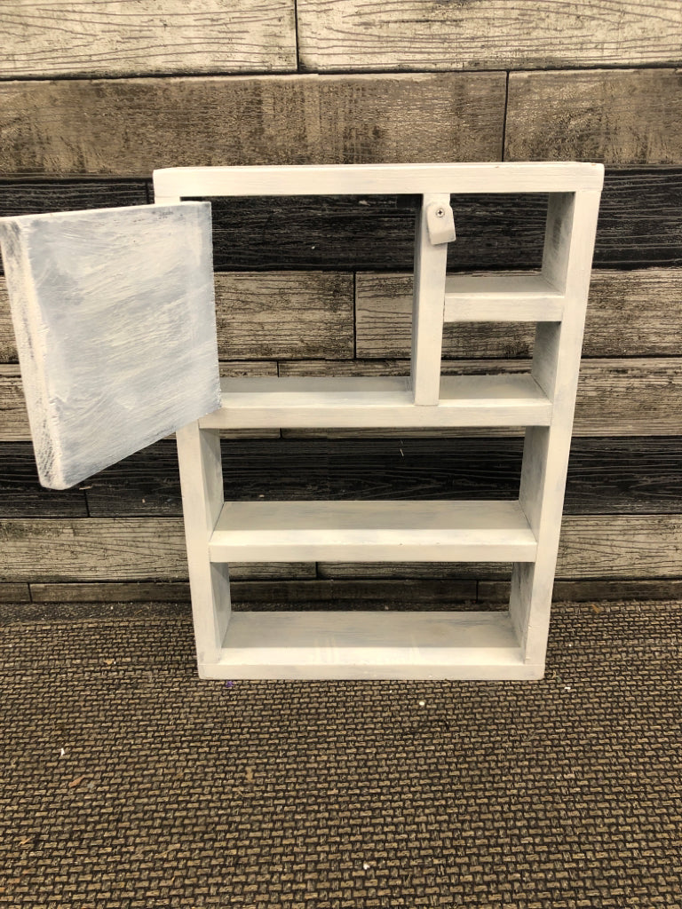 WHITE WASH WOOD SHELF W/HEART DOOR.