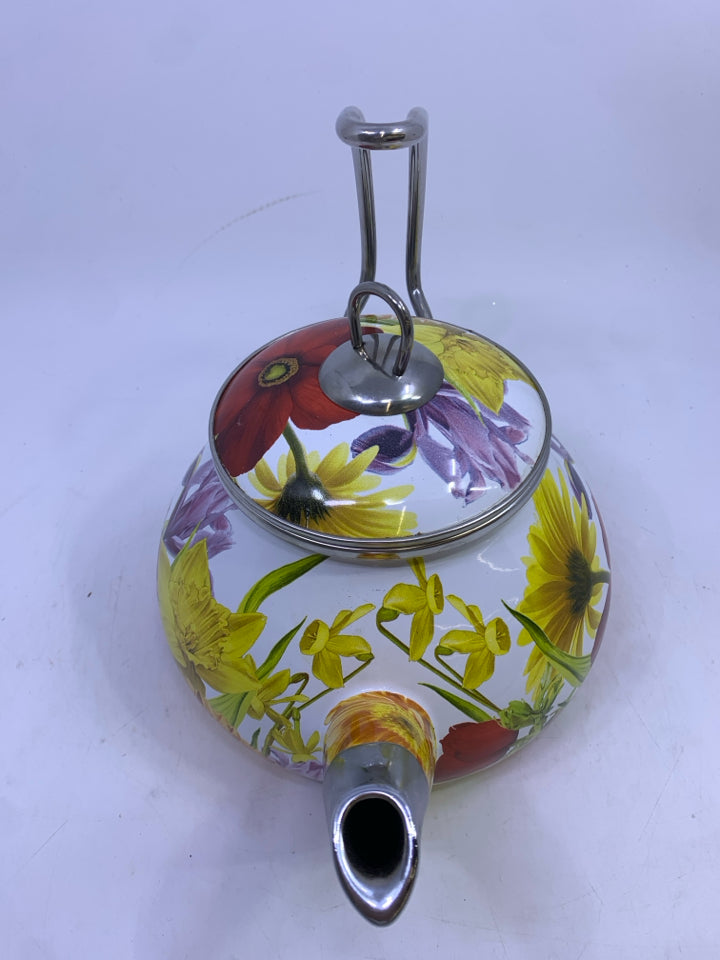 METAL FLORAL TEA KETTLE W/TALL CURVED HANDLE.
