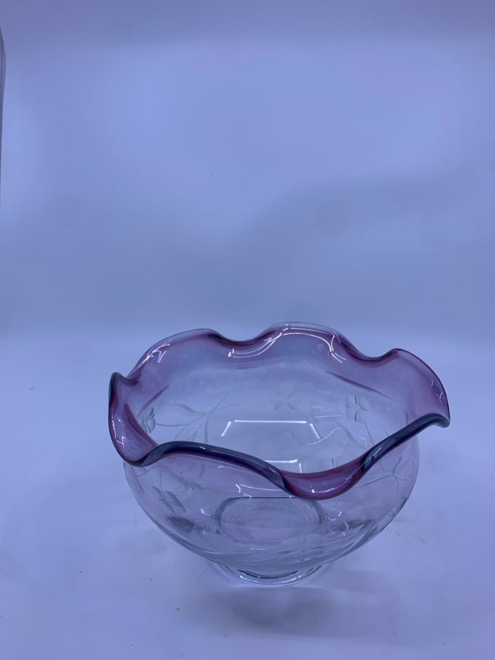 GLASS ETCHED FLOWER BOWL FOOTED W/ WAVY PURPLE EDGE.