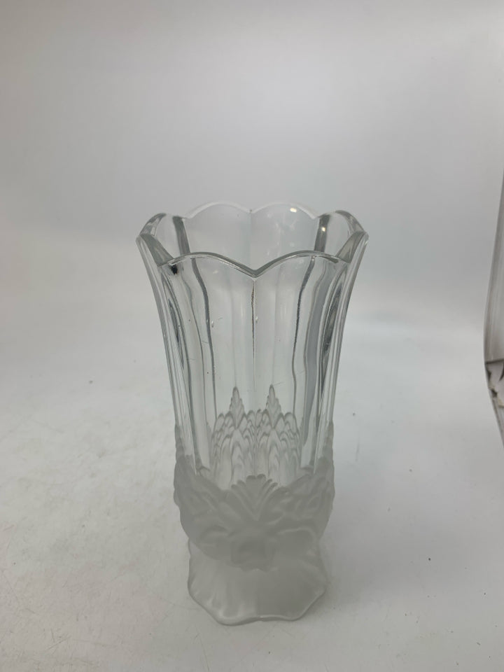 HEAVY CRYSTAL FOOTED VASE W/ FROSTED ROSE BOTTOM.