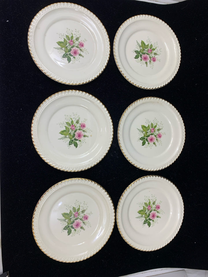 6 VTG ROSE PATTERN PLATE W GOLD RIM.