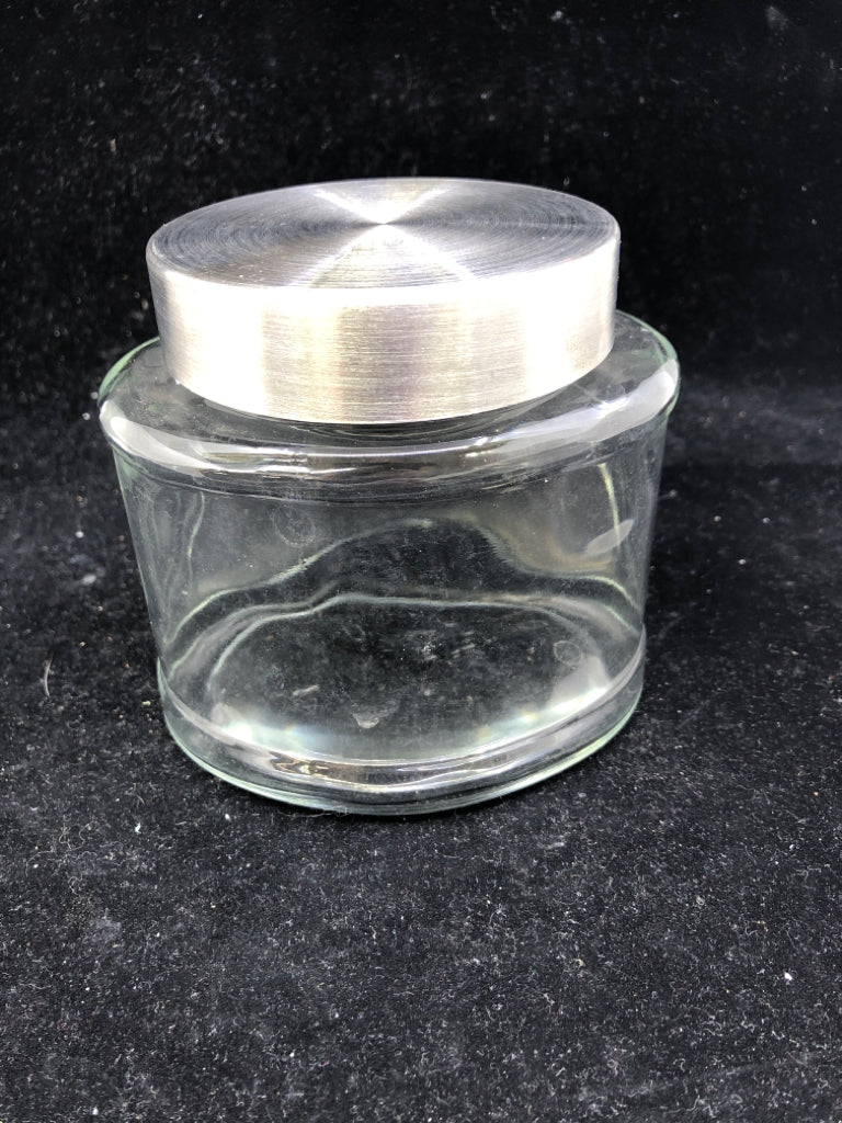 OVAL GLASS CONTAINER W/METAL LID.