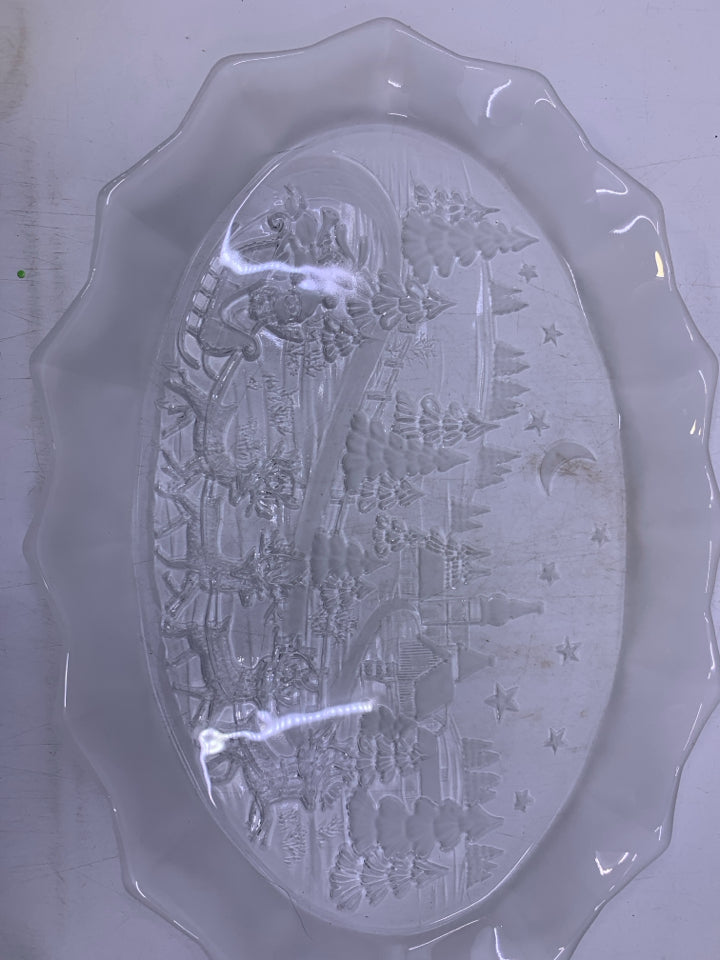 FROSTED GLASS OVAL PLATTER W/ TOWN + SANTA RIDING SLAY.
