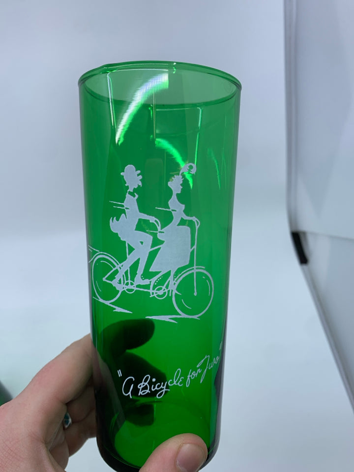 4 VTG GREEN GLASS WATER/ TALL COCKTAIL GLASSES.