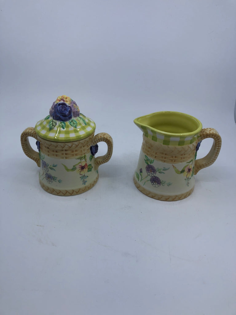 LIME GREEN COTTAGE ROSE COLLECTION SUGAR AND CREAMER.