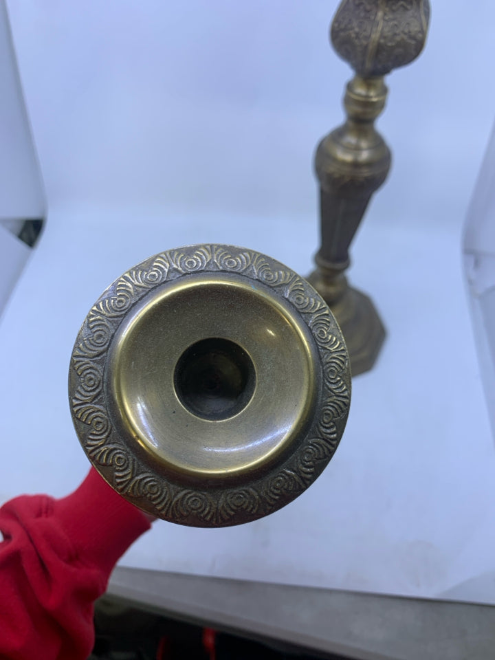 2 HEAVY ORNATE DETAILED METAL TAPERED CANDLE HOLDERS.