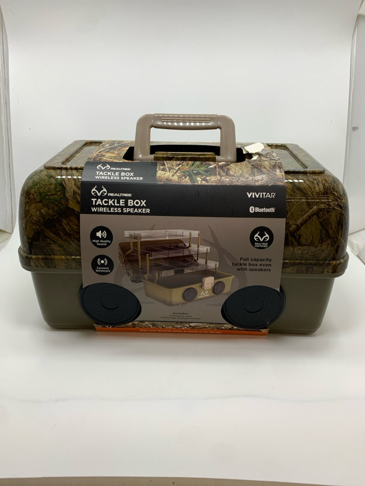 NIP REALTREE CAMO TACKLE BOX W/WIRELESS SPEAKER.