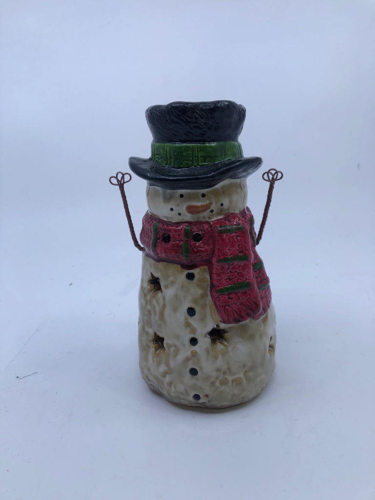 BROWN TEXTURED SNOWMAN TEA LIGHT HOLDER W RED SCARF.