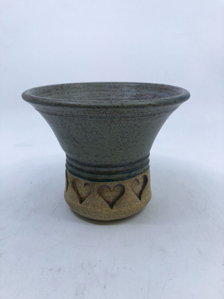 BLUE BROWN POTTERY VASE W HEART STAMP.