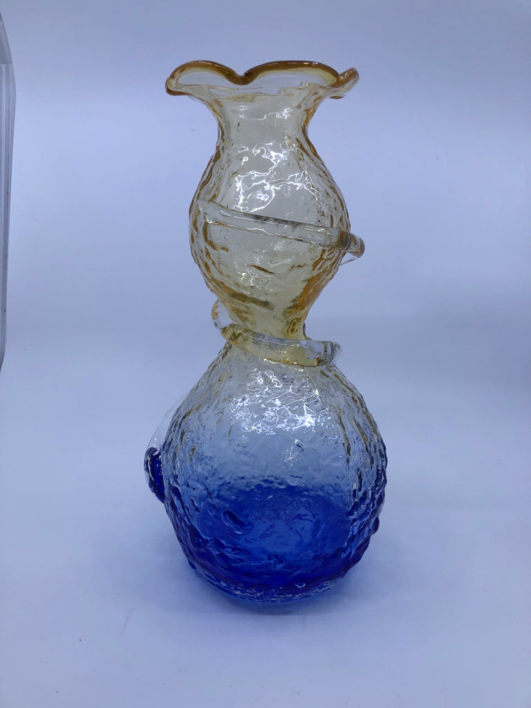 YELLOW BLOWN GLASS ABSTRACT VASE W/BLUE BOTTOM.