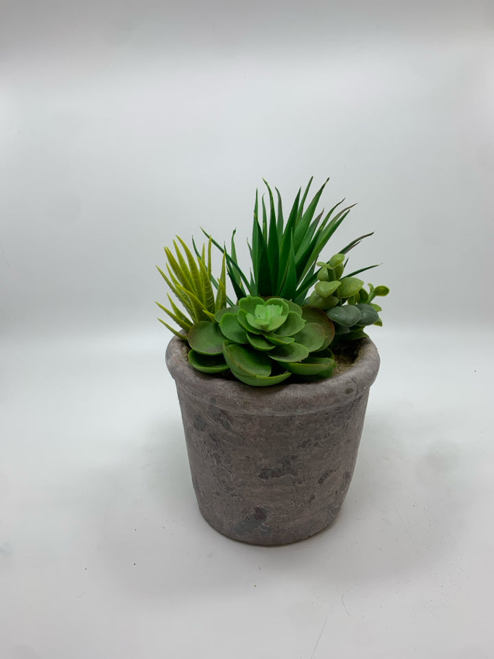 FAUX SUCCULENTS IN PLASTER POT.