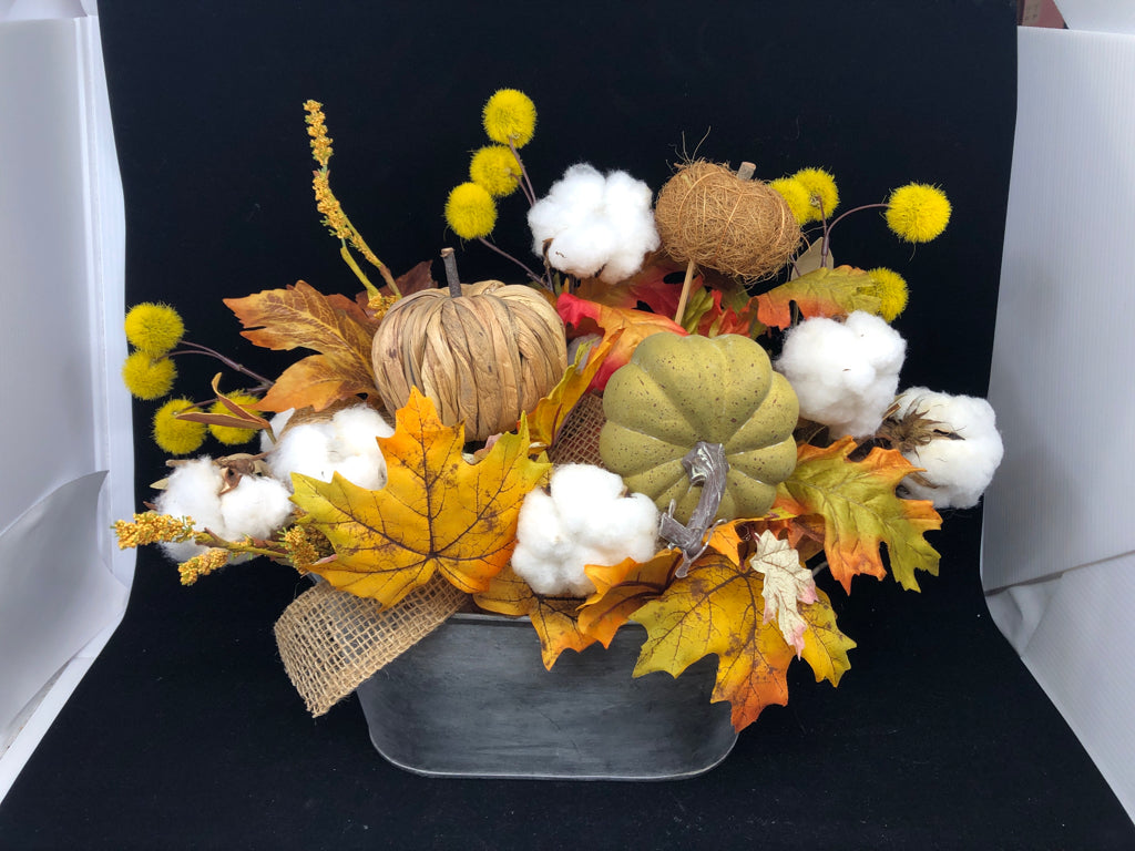 FALL FLORAL ARRANGEMENT IN METAL BUCKET.