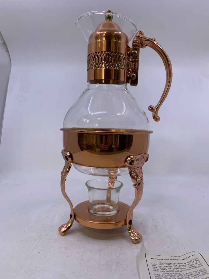 VTG GLASS + COPPER COFFEE POT WITH WARMING STAND.