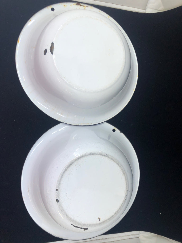 2 WHITE METAL ENAMEL BOWLS.