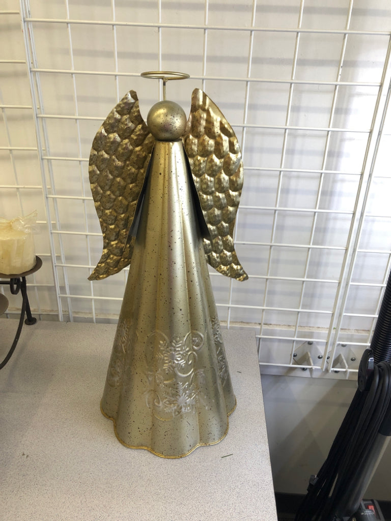 GALVANIZED STANDING ANGEL W/ EMBOSSED SNOWFLAKES.
