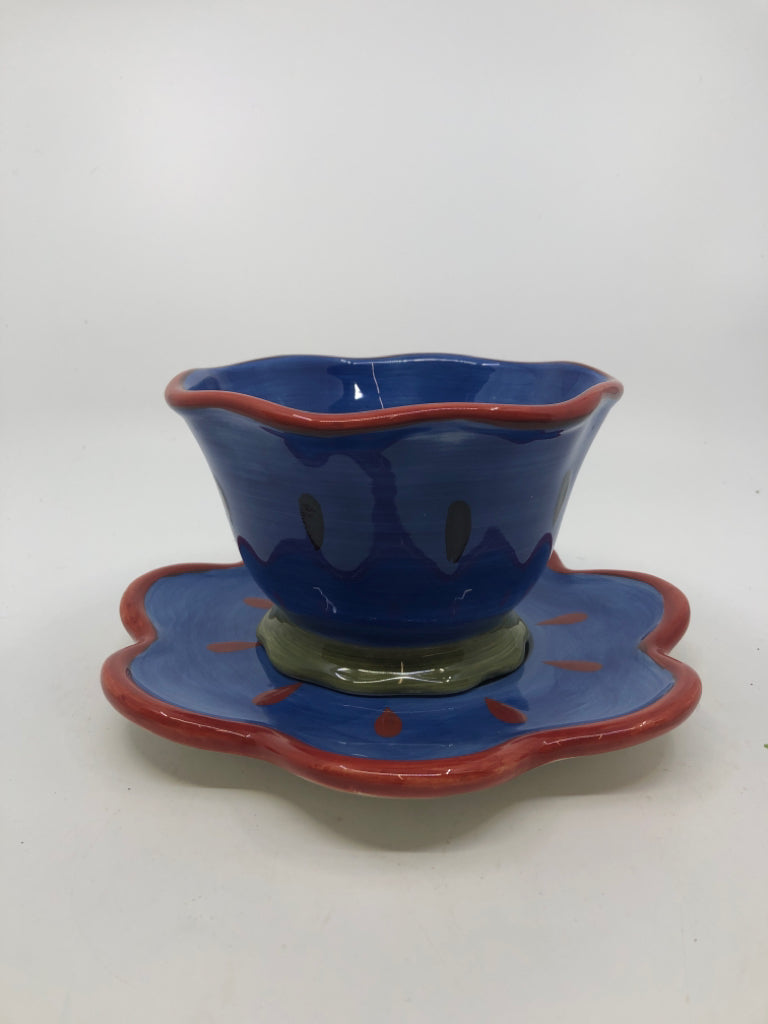 BLUE AND RED FLOWER BOWL AND PLATE SET.