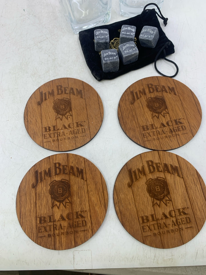 5 PC JIM BEAM GLASSWARE SET W/ COASTERS/WHISKEY STONES IN BAG.