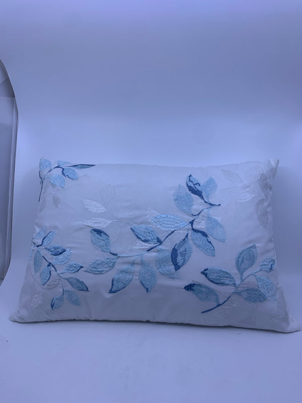 WHITE WITH BLUE LEAVES RECTANGLE PILLOW.