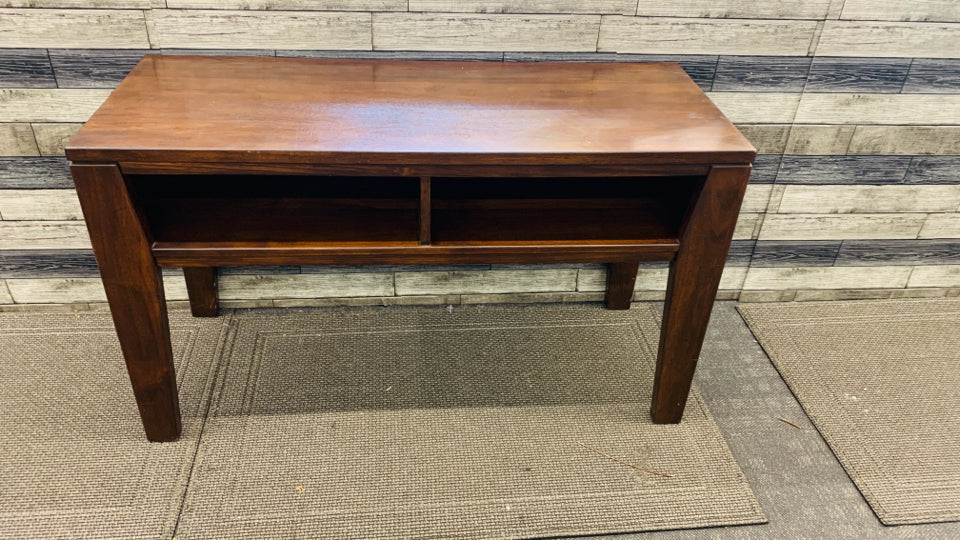 LARGE WOOD CONSOLE MEDIA TABLE.